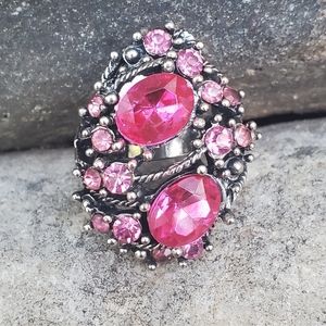 Stunning Big Pink Rhinestone Statement Ring Adjustable NWOT